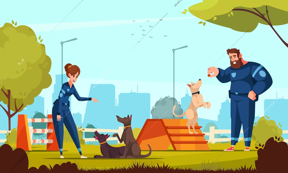 Cynologist cartoon poster with people training dogs on outdoor playground vector illustration