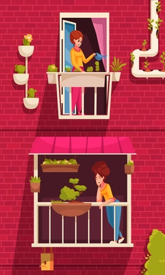 Urban gardening cartoon concept with people watering plants growing on windowsill vector illustration