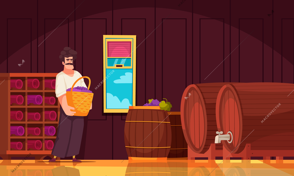 Wine cellar cartoon poster with male worker holding grape harvest vector illustration