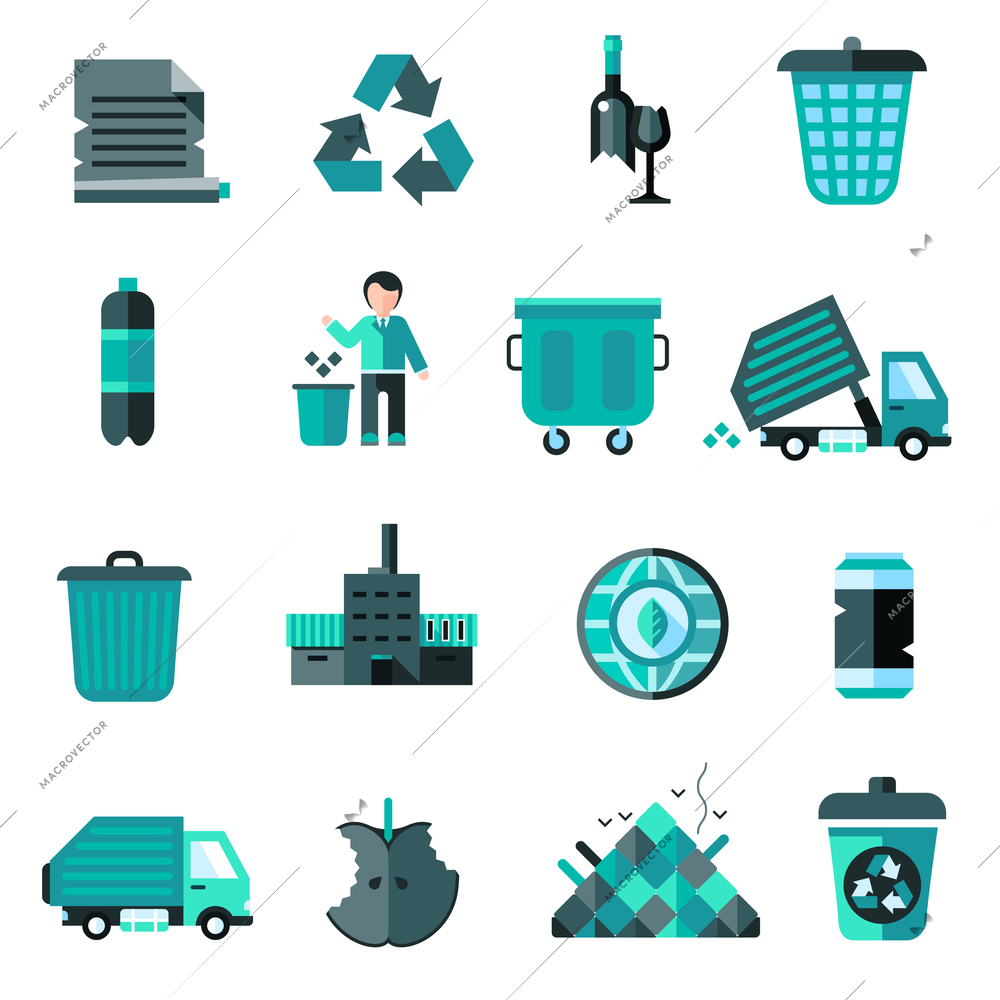 Garbage icons set with recycling symbol bulldozer trash basket isolated vector illustration