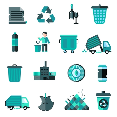 Garbage icons set with recycling symbol bulldozer trash basket isolated vector illustration