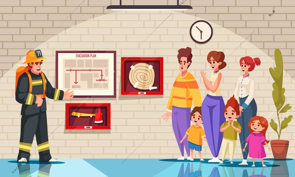 Fire alarm evacuation cartoon concept with fireman instructing kids and adults vector illustration