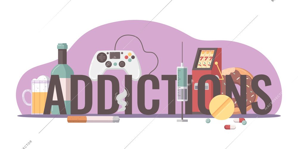 Bad habits cartoon concept with unhealthy addiction symbols vector illustration