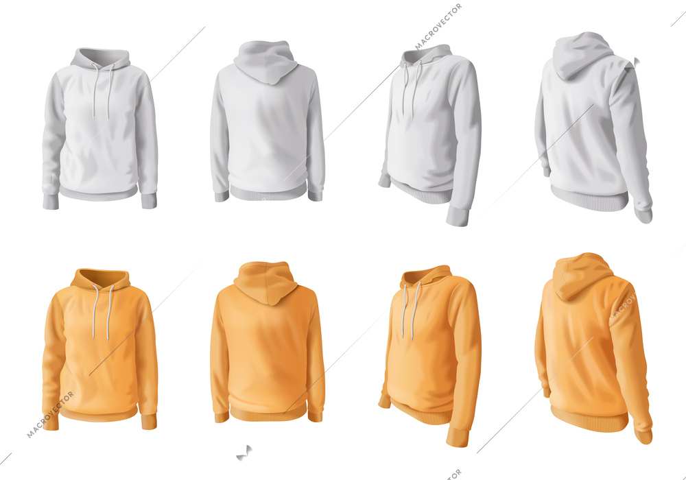 Realistic hoodie and hooded sweatshirt icons set in white and yellow colors isolated vector illustration