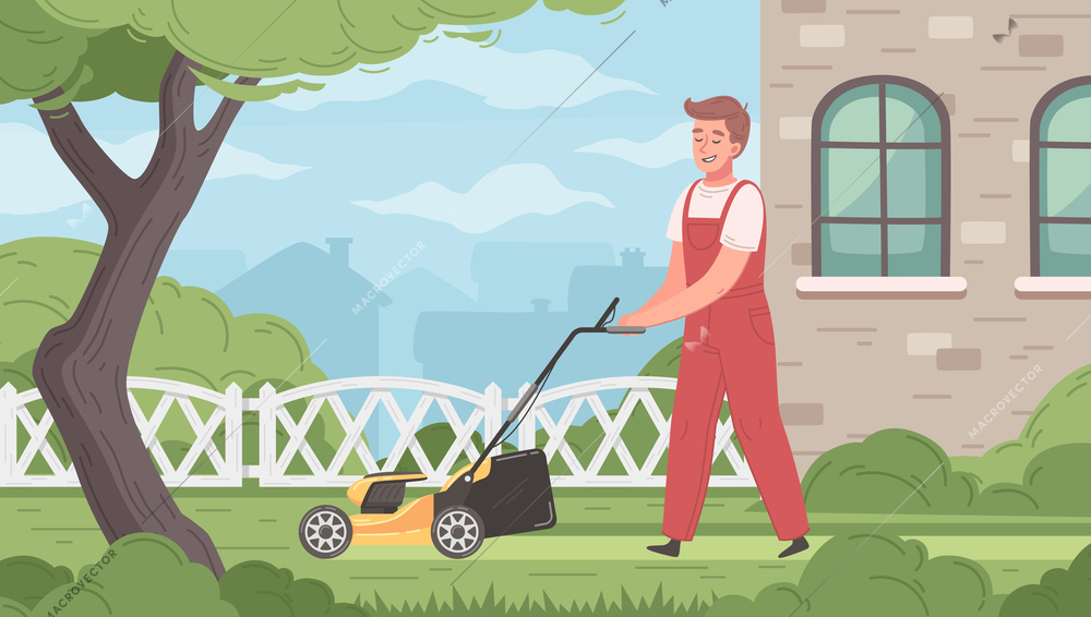 Lawn mowing cartoon poster with male worker cutting grass vector illustration