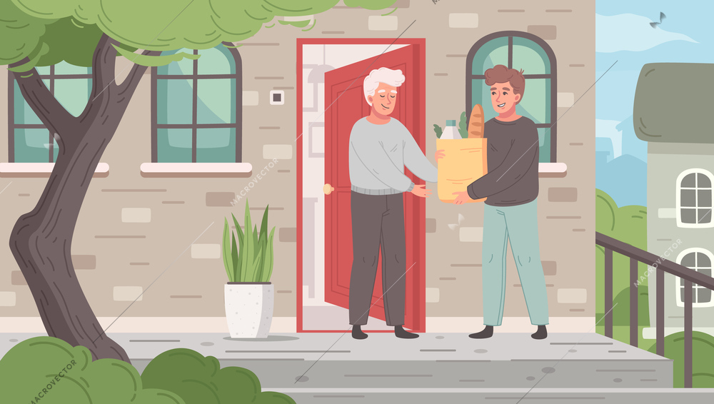 Elderly care cartoon concept with male delivering groceries to front door vector illustration