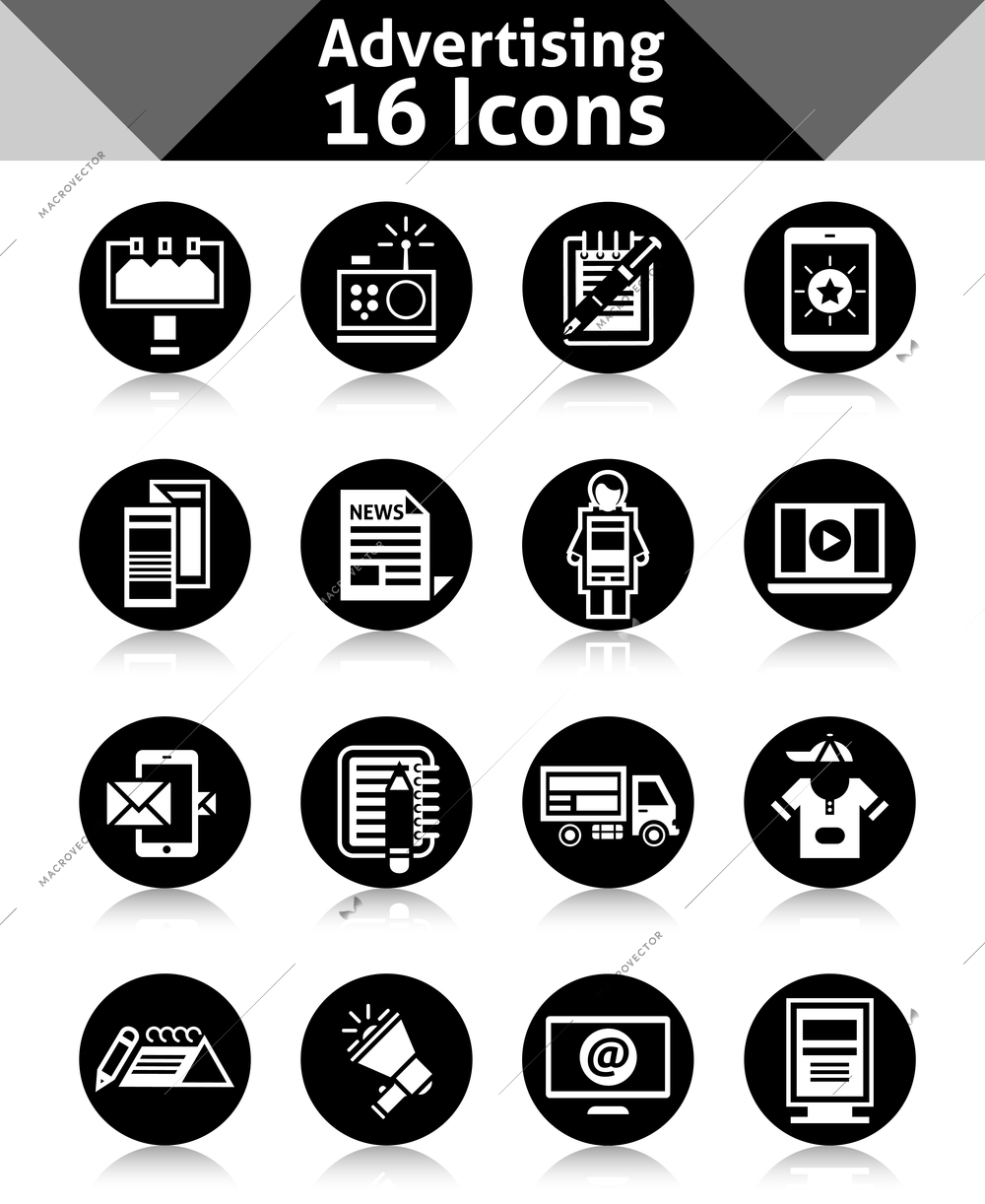 Advertising campaign commercial support media marketing icons black set isolated vector illustration