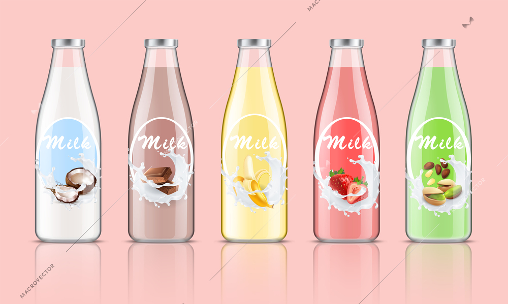 Milk bottles packages realistic set with fruit taste symbols isolated vector illustration