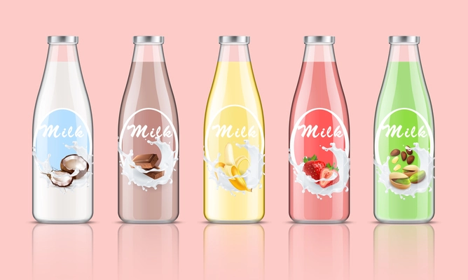 Milk bottles packages realistic set with fruit taste symbols isolated vector illustration