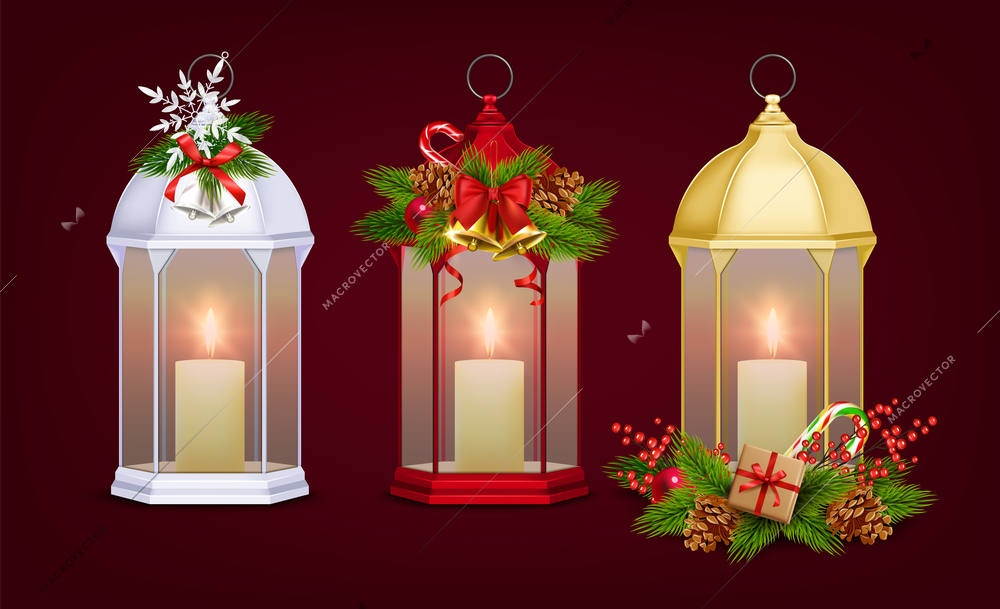 Christmas lantern realistic set with decoration for celebration symbols isolated vector illustration