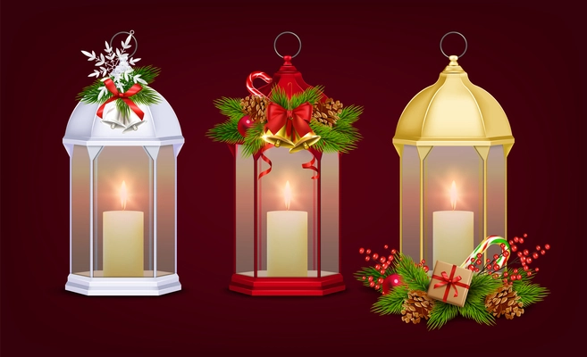 Christmas lantern realistic set with decoration for celebration symbols isolated vector illustration