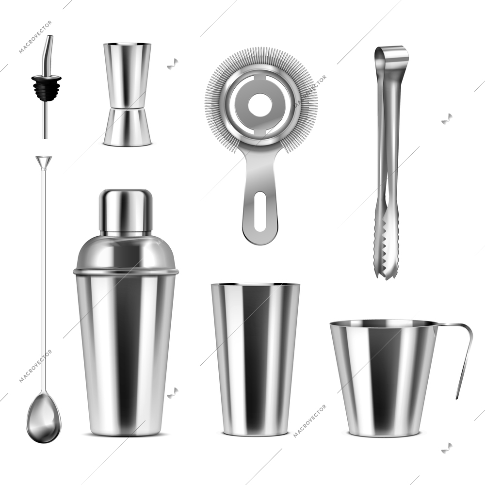 Bar equipment realistic set with shaker and cup isolated vector illustration