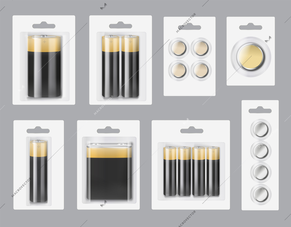 Batteries packages realistic set with capacity symbols isolated vector illustration