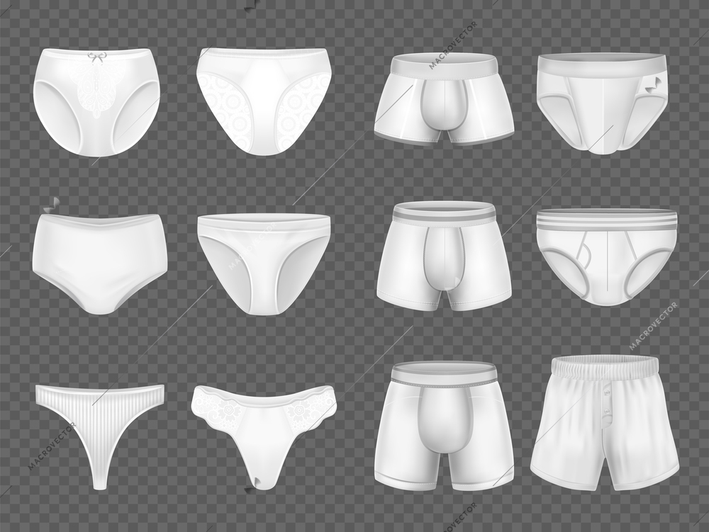 Realistic set of various white underwear types for women and men isolated on transparent background vector illustration