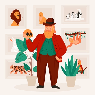 Great scientist charles darwin holding skull in background with pictures of animals flat vector illustration