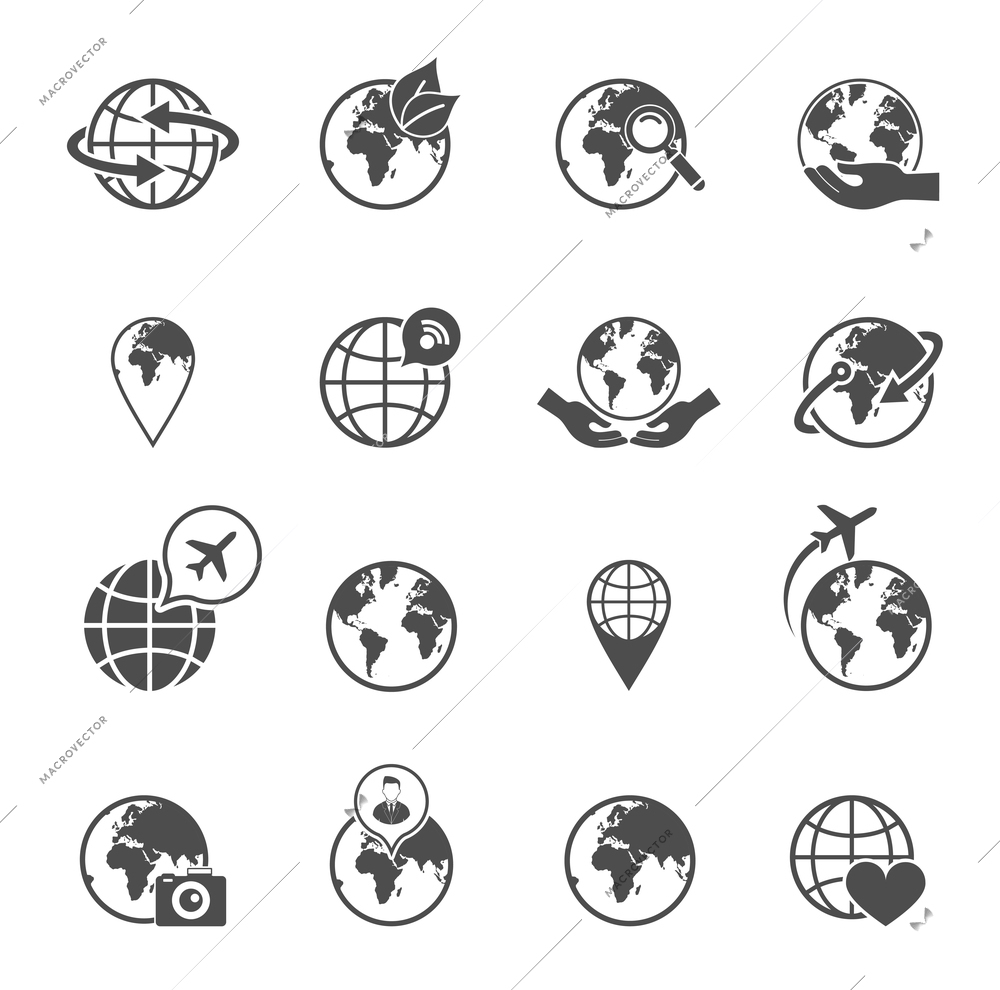 Global earth ecological travel symbols pictograms set with love saving planet hands black abstract isolated vector illustration