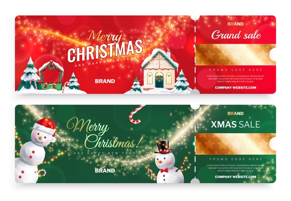 Set of two realistic horizontal color background shiny christmas sale ticket vouchers templates with snowmen and houses isolated vector illustration