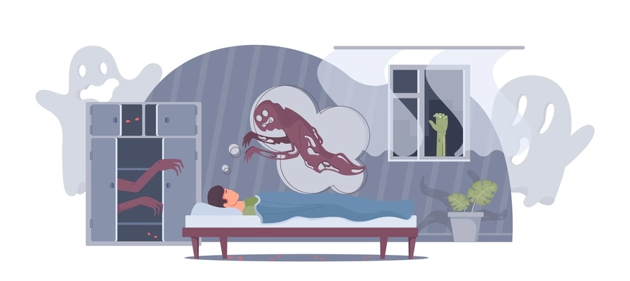 Man having nightmare with monsters and ghosts in bedroom flat vector illustration