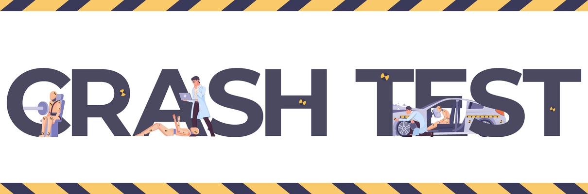 Crash test horizontal text banner in flat style with dummies and people gathering data vector illustration