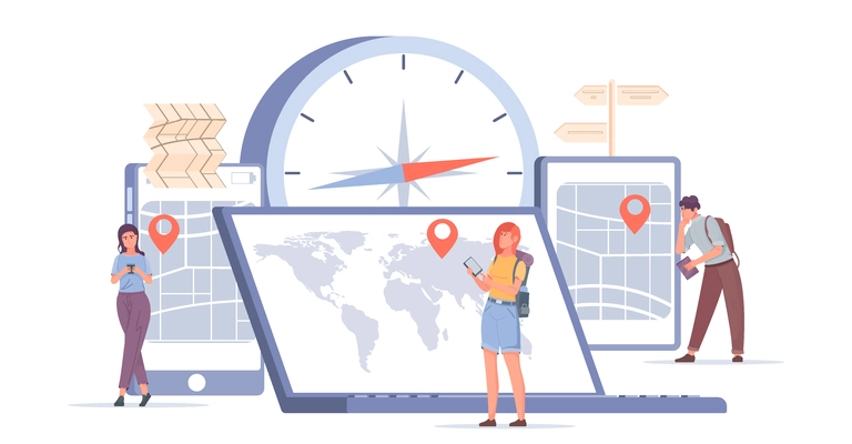 Geolocation flat composition with online maps on various gadgets compass and people using online navigator vector illustration