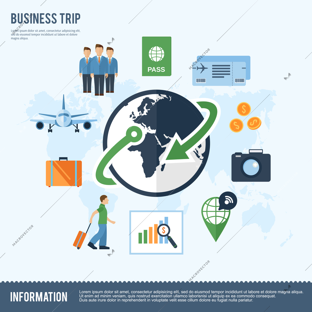 Business team round the world trip  flight boarding pass flat icons composition with wireless internet connection symbol