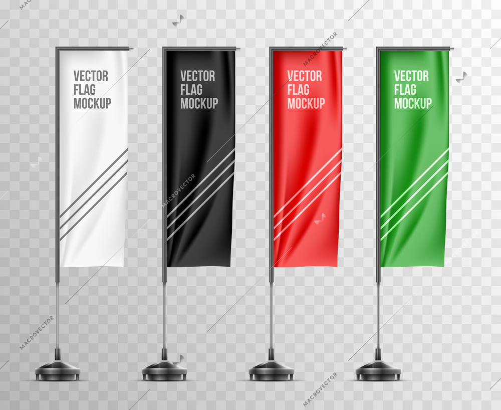 Realistic set with isolated mockups of white black red and green colored flags on metal poles vector illustration