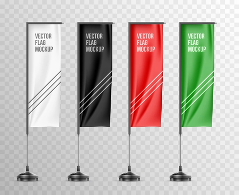 Realistic set with isolated mockups of white black red and green colored flags on metal poles vector illustration