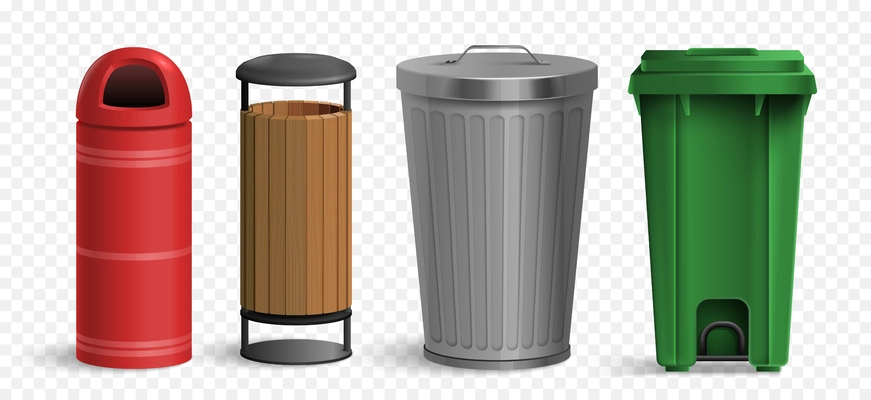 Realistic bin outdoor set with isolated images of trash buckets made of metal plastic and wood vector illustration