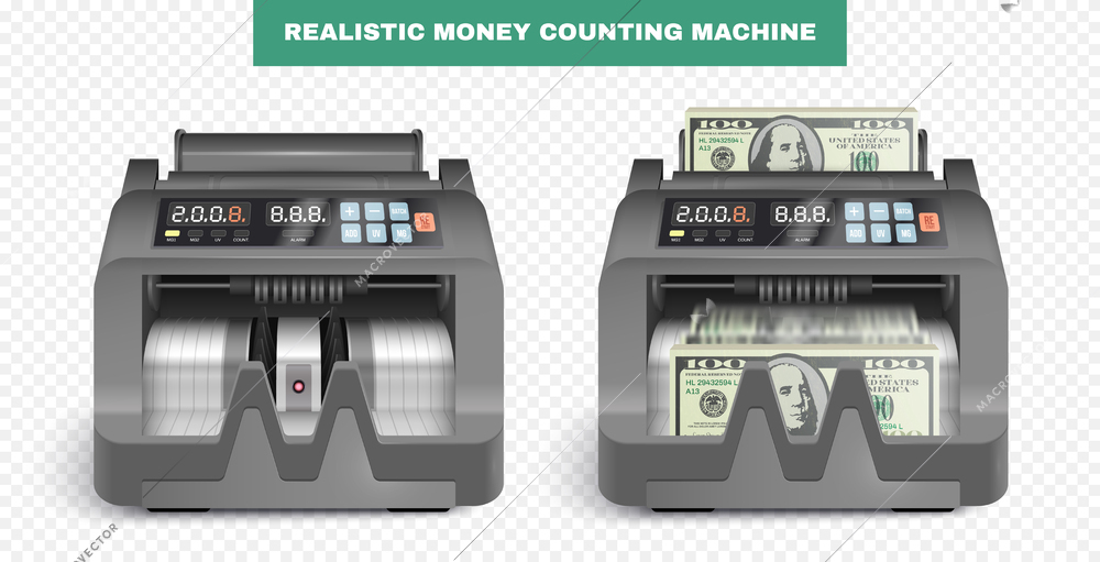 Set with two isolated realistic views of money counting machine with loaded cash and empty device vector illustration