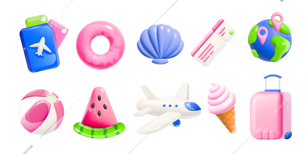 Summer vacation cartoon set of globe seashell airplane tickets tropical fruits ice cream lifebuoy isolated icons vector illustration