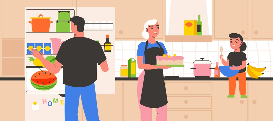 Family in home kitchen interior flat background with mother representing cake cooking on her own vector illustration