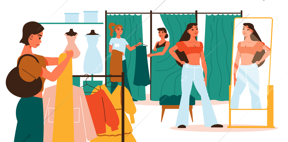 Fitting room flat background with female buyers choosing and trying on new clothes vector illustration