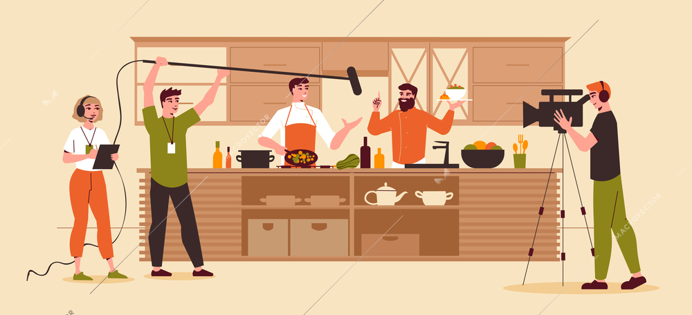 Culinary classes flat background with two chef characters cooking together in front of video camera filmed tv show vector illustration