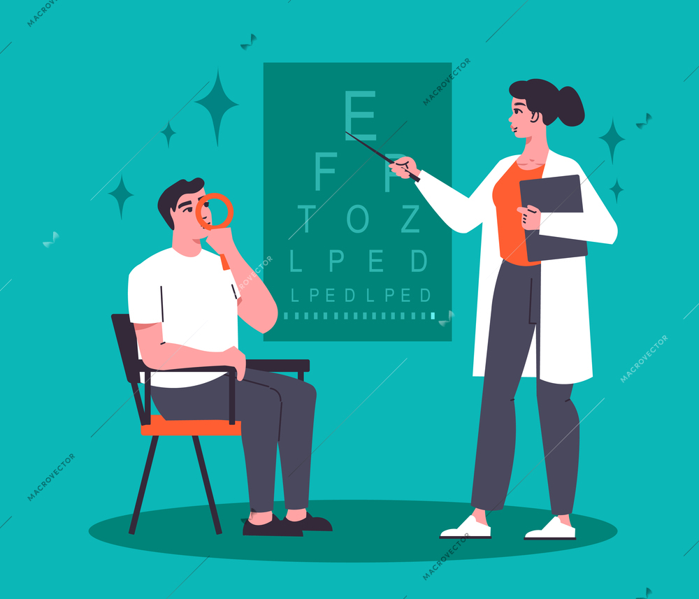 Ophthalmologist flat background with female doctor in hospital uniform doing eyesight examination at eye testing chart vector illustration