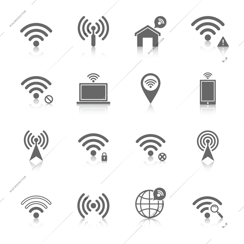 Wifi wireless local network internet connection access points icons set with antenna black abstract isolated vector illustration