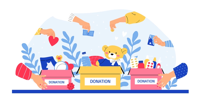 Charity flat concept with human hands taking money and various things into donation boxes vector illustration