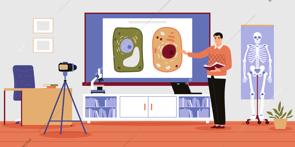 Male biology school teacher standing at board and recording his lesson on camera flat vector illustration