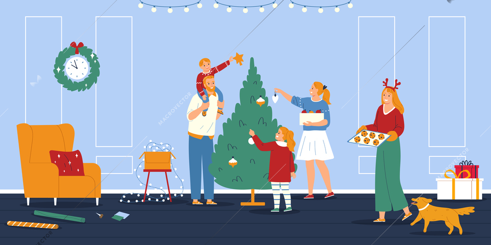 Eve christmas flat home composition with friendly family decorated pine together and cooking traditional cookies vector illustration