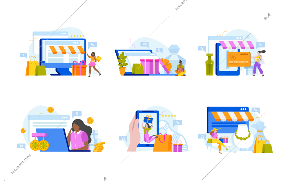 Shopping girls flat flowchart with compositions of shop icons goods and people connected with dashed line vector illustration