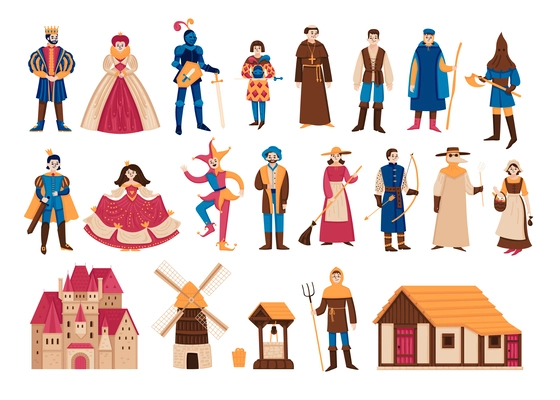 Medieval set of isolated icons with characters of peasants priests and monarchs with warriors and castle vector illustration