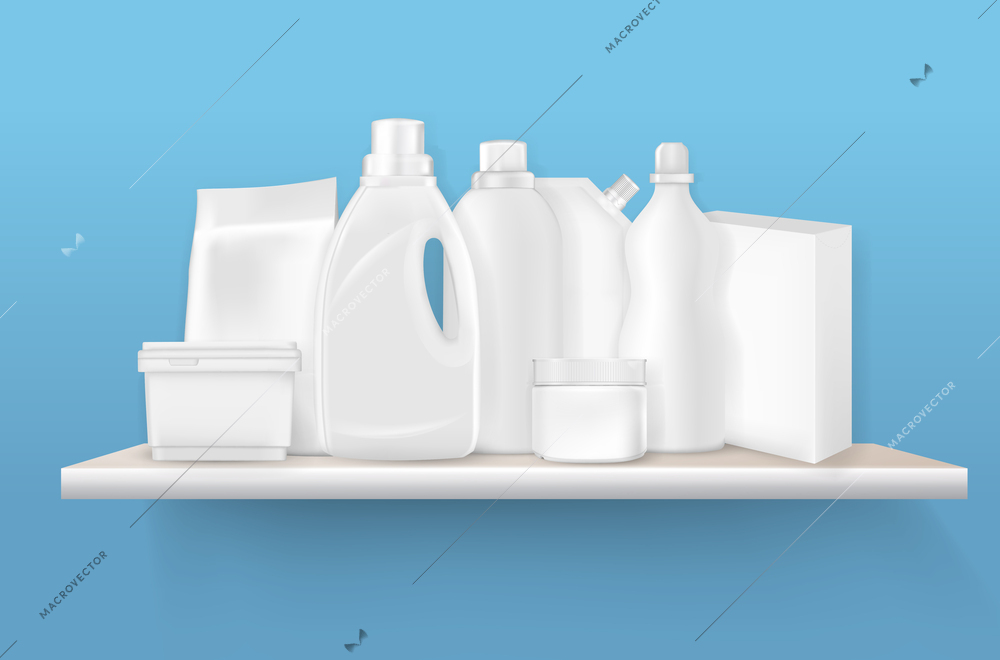 Detergent bottles packages on shelf realistic composition with view of standing mockup containers of different shape vector illustration