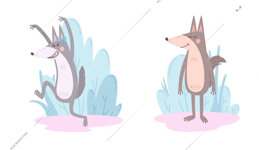 Cute wolf cartoon composition set of two male and female animal characters in different poses isolated vector illustration