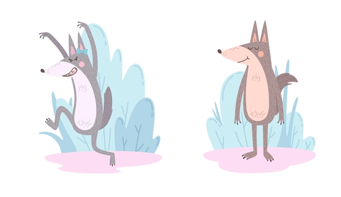 Cute wolf cartoon composition set of two male and female animal characters in different poses isolated vector illustration