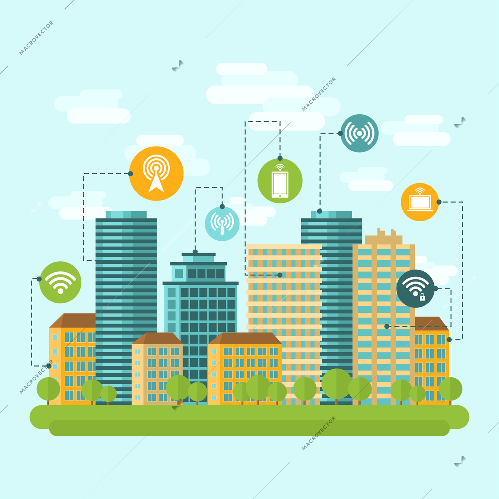 Business centre and residential downtown city area buildings computer wireless internet connection range concept abstract vector illustration