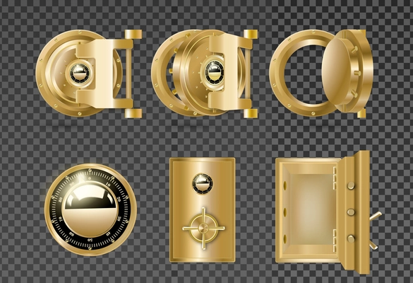 Realistic set of golden metal bank vault doors isolated on transparent background vector illustration