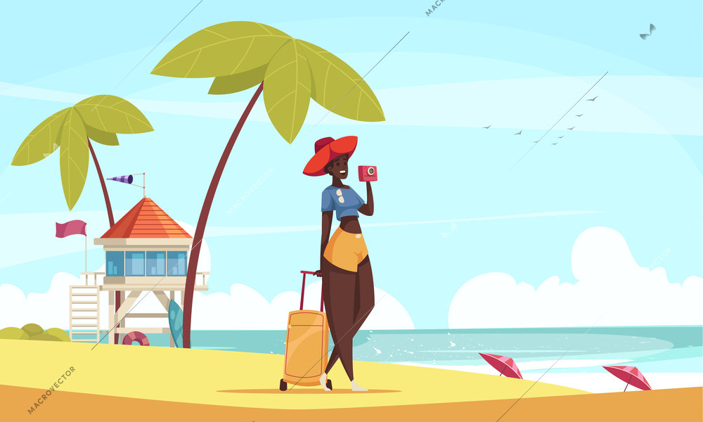 Smiling black woman tourist with suitcase taking photos on tropical beach with palms and lifeguard tower cartoon vector illustration