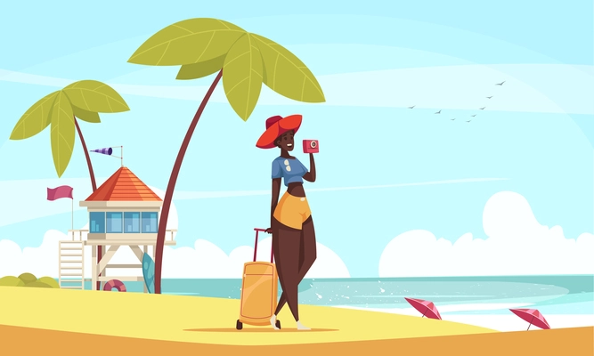 Smiling black woman tourist with suitcase taking photos on tropical beach with palms and lifeguard tower cartoon vector illustration
