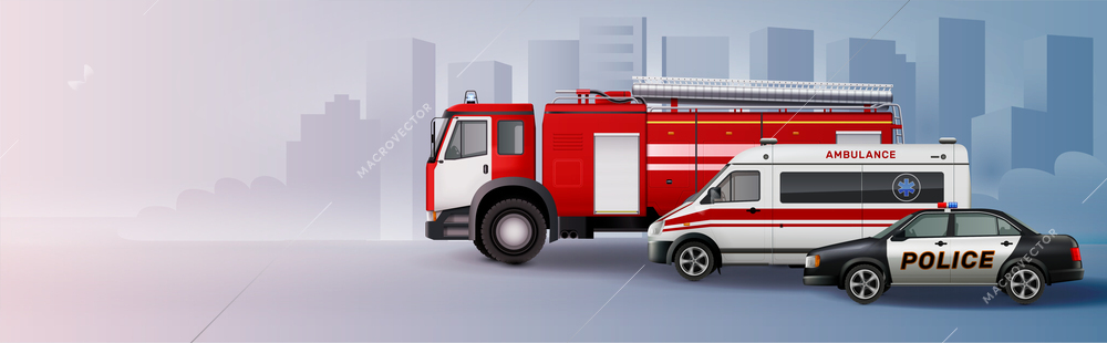 Municipal vehicles background with ambulance and police car realistic vector illustration