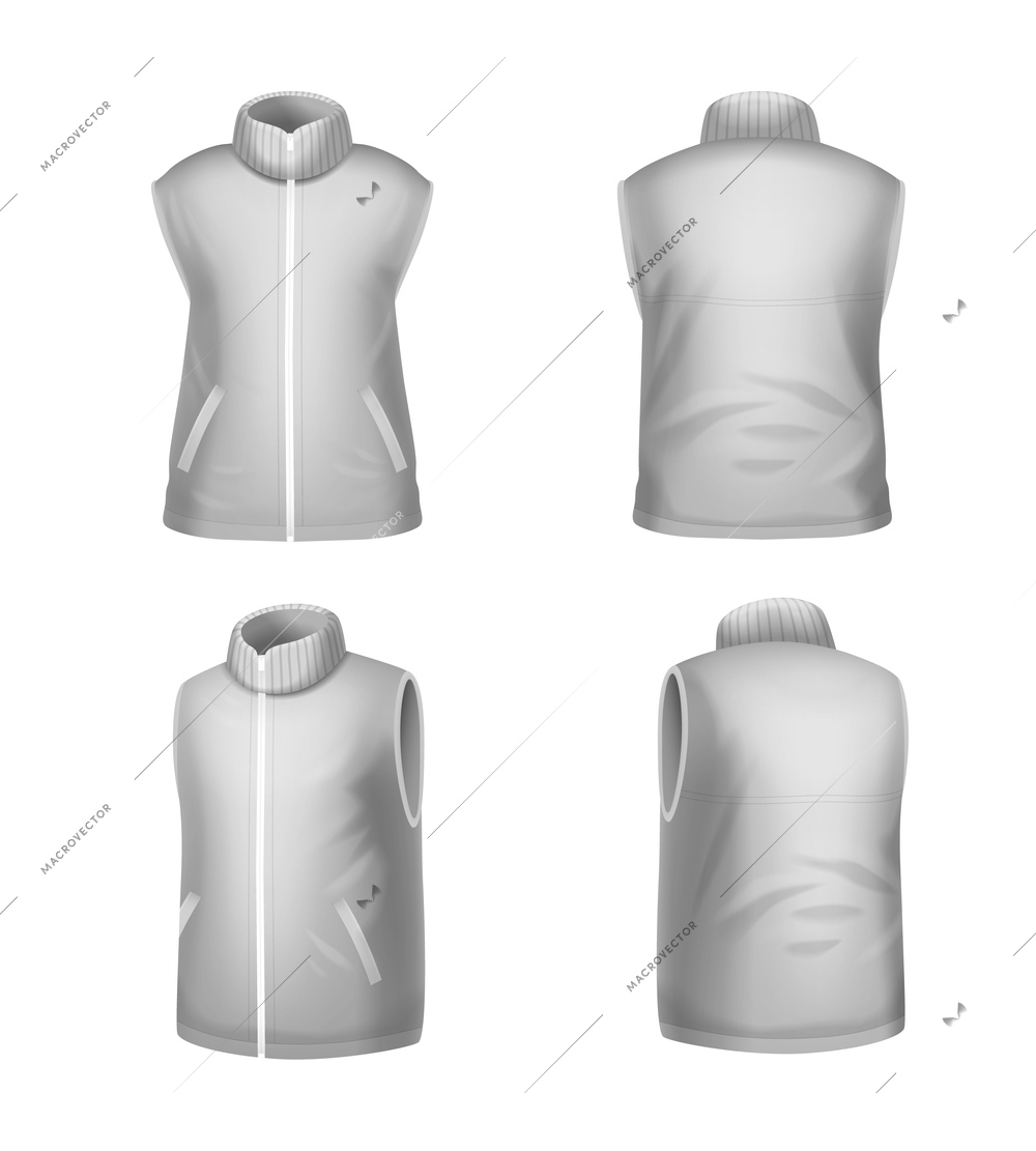 Realistic warm grey winter sleeveless jacket mockup front back view set isolated on white background vector illustration