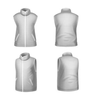 Realistic warm grey winter sleeveless jacket mockup front back view set isolated on white background vector illustration